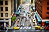City life with living building facades and people walking at street, aerial view. Urban infrastructure. Model of city street in miniature, tilt shift. Created with Generative AI