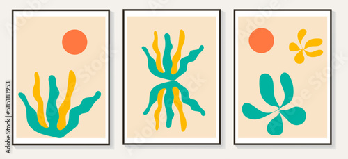 Set of abstract flower posters. Trendy botanical wall arts with floral design in danish pastel colors.