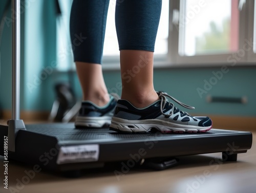 A person wearing fitness attire and running shoes, standing on a set of weighing scales. The focus is on the feet and the scales, emphasizing weight management and healthy living.