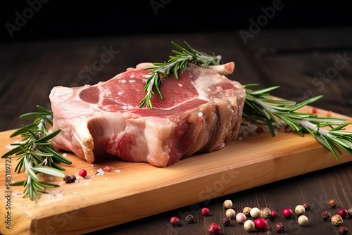 piece of raw pork with rosemary on a cutting board on wooden table. Ai generative