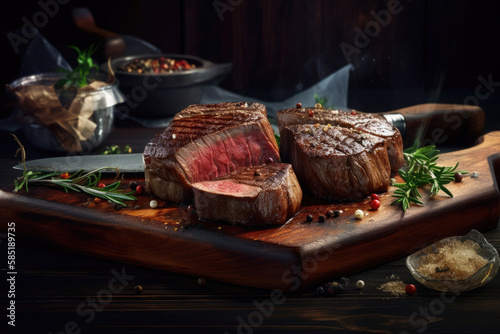 Grilled beef steaks with spices and herbs on cutting board and black background. Ai generative