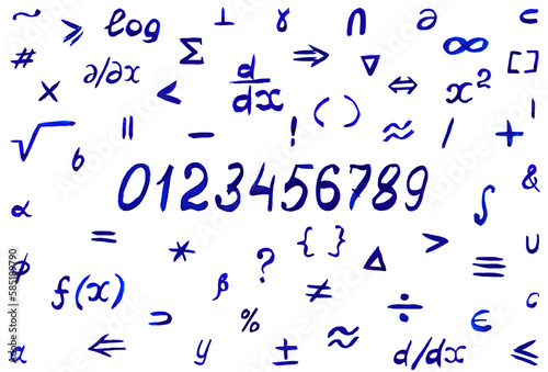 Mathematical symbols, signs, numbers and formulas are written with a blue felt-tip pen on a white background.