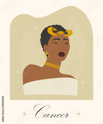Cancer zodiac sign afro woman cartoon vector illustration. Young lady water symbol character. Astrology elements vector illustration