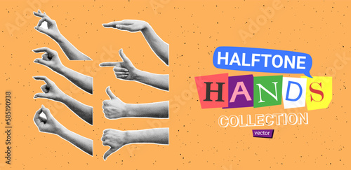 Collection of halftone hands. Vector illustration with gestures of hands with halftone effects for decoration of retro banners and vintage postres. Set of collage elements.
