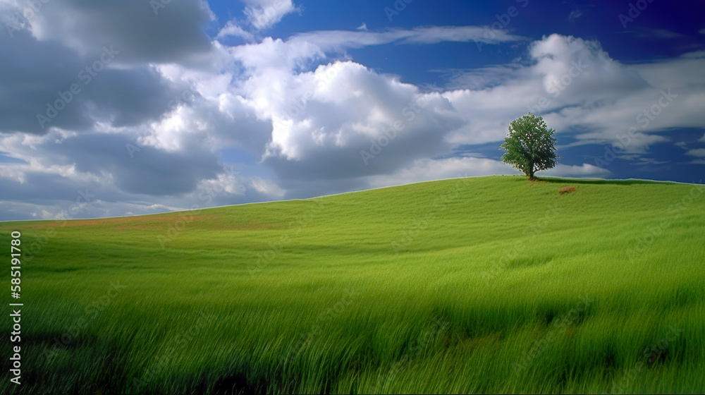 Obraz premium Green lush fresh spring landscape background wallpaper background illustration design with hills, blue sky, clouds. AI generated illustration.