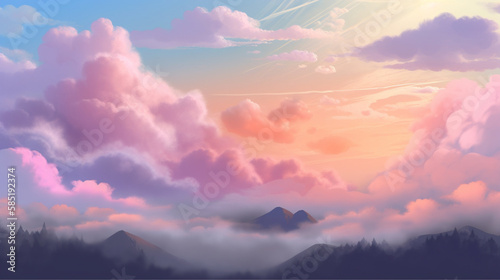 Colorful sunrise over rolling countryside, with the sky filled with a blend of soft pink, orange, and blue clouds. peaceful and serene, pastel-colored clouds with soft edges background ai generated