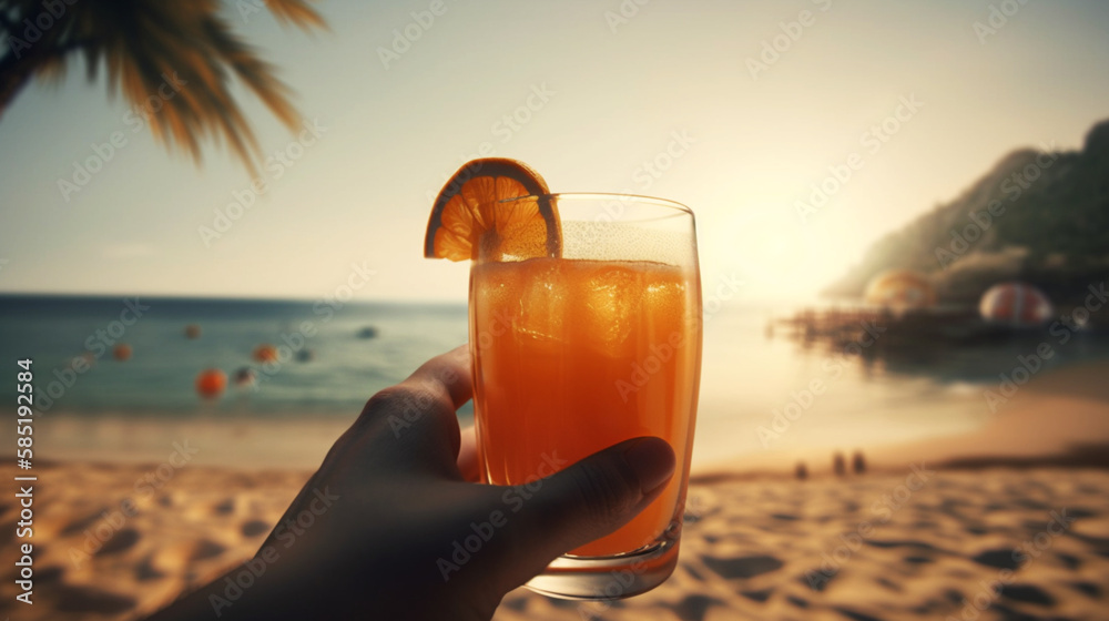 holding a glass of juice, beach, seaside, summer vibes, palm trees ai generated holding a glass of juice, beach, seaside, summer vibes, palm trees ai generated