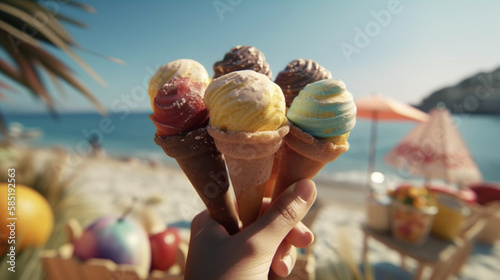 hand holding different ice cream flavors on the seaside, beach with palm trees, and summer vibes ai generated