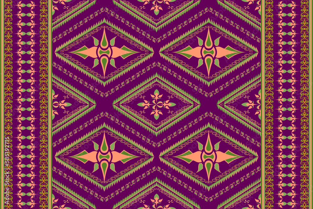 Ethnic folk geometric seamless pattern in violet, orange and green tone in vector illustration design for fabric, mat, carpet, scarf, wrapping paper, tile and more Ethnic folk geometric seamless pattern in violet, orange and green tone in vector illustration design for fabric, mat, carpet, scarf, wrapping paper, tile and more