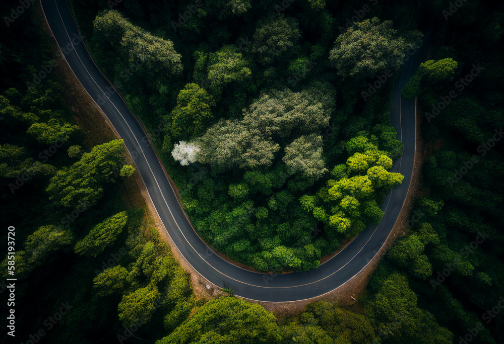 Road in the forest up to mountain. AI generated illustration