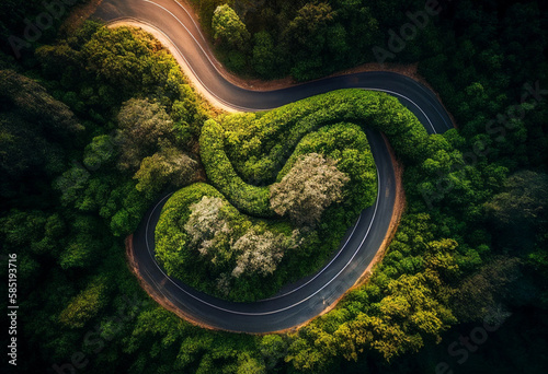 Road in the forest up to mountain. AI generated illustration