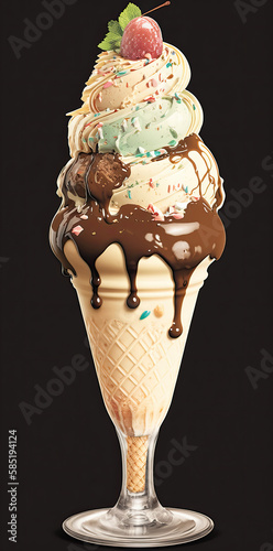 Ice cream with chocolate sauce in a glass