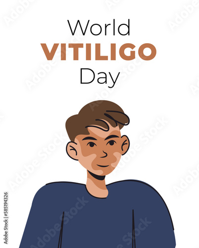 man with vitiligo. Love yourself. Banner for international Vitiligo Day. White background.