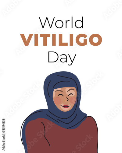 Islamic muslim woman in hijab with vitiligo. Love yourself. Banner for international Vitiligo Day. White background.