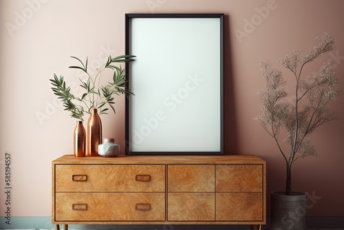 mock up poster frame with on retro chest of drawers, hipster int