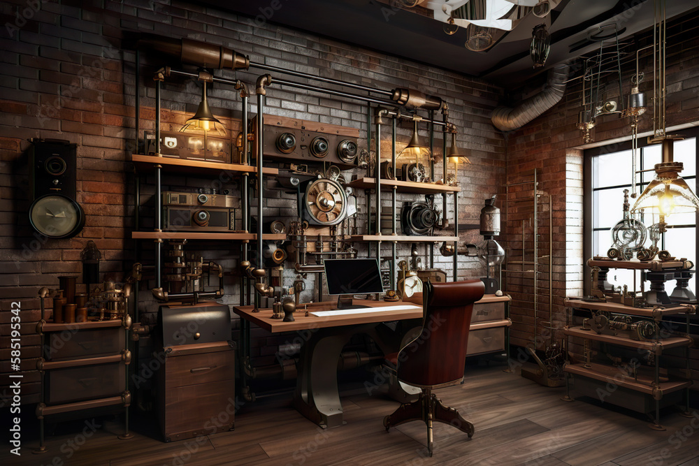 Steampunk style working room (generative AI)