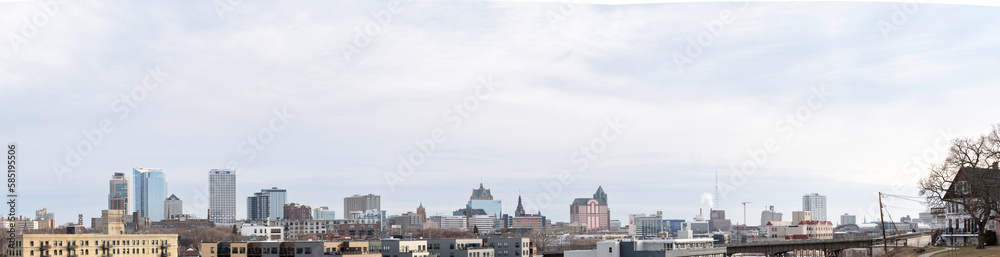 A panoramic view of the skyline of Milwaukee, Wisconsin on an overcast day in the spring
