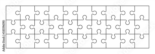 Puzzles grid - blank template. Jigsaw puzzle with 30 pieces. Mosaic background for thinking game is 10x3 size. Game with details. Vector 10 eps.