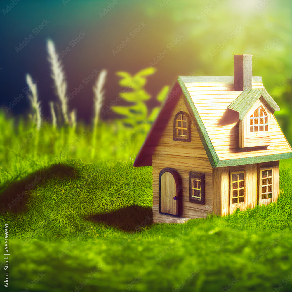 Eco house made of wood illustration, cute small toy as concept of new green life in sustainable environment, ecological natural background for real estate ad, Generative AI Eco house made of wood illustration, cute small toy as concept of new green life in sustainable environment, ecological natural background for real estate ad, Generative AI