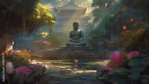 Stone Buddah statue next to a temple in the nature (Modified Generative AI)