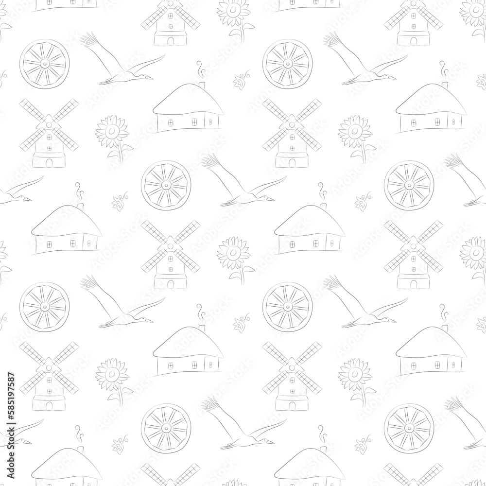 White square background with Ukrainian village attributes, seamless pattern