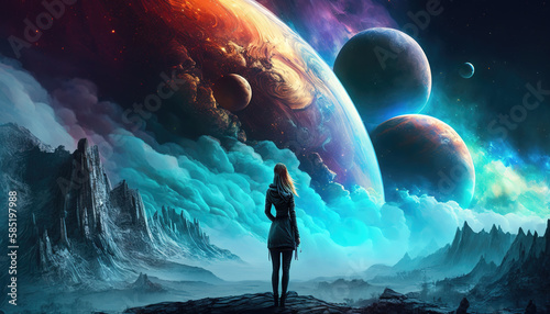 a creative fantasy inspired scifi artwork of a woman standing in front of planets with clouds everywhere, epic art, generative ai technology