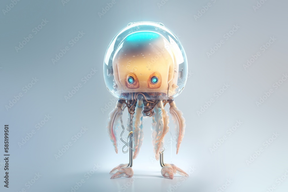 Cybernetic cute jellyfish robot with transparent glass body, 3D style digital illustration, generative ai Cybernetic cute jellyfish robot with transparent glass body, 3D style digital illustration, generative ai