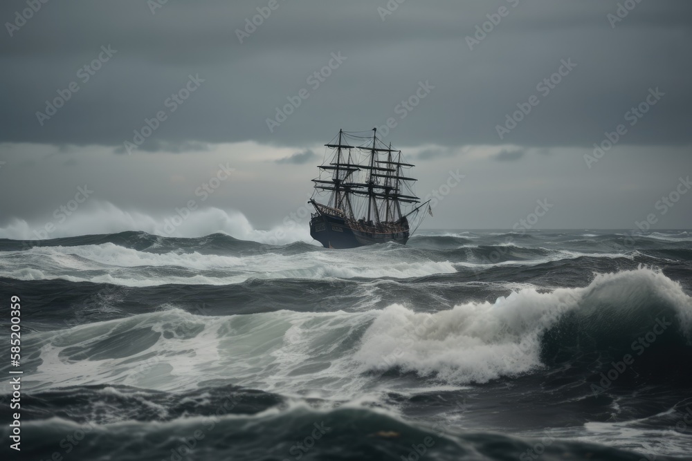 Fototapeta premium Old sail ship braving the waves of a wild stormy sea at night. Generative AI.