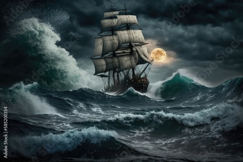 Old sail ship braving the waves of a wild stormy sea at night with full moon. Generative AI.