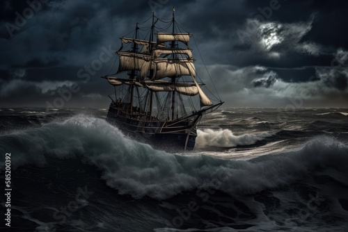 Old sail ship braving the waves of a wild stormy sea at night. Generative AI. © MVProductions