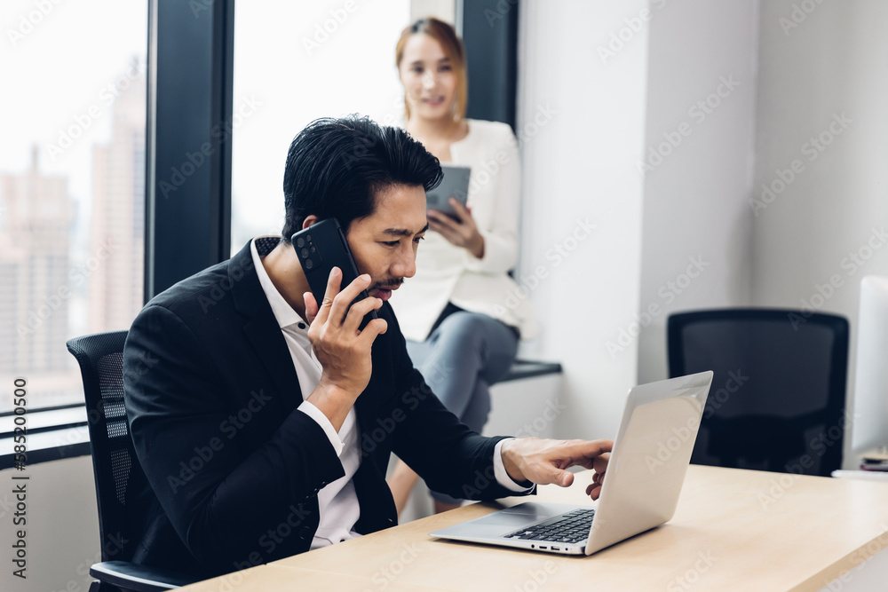 Call center businessman talking on headset. Call center worker accompanied by her team. Customer service executive working at office. Call center businessman talking on headset. Call center worker accompanied by her team. Customer service executive working at office.