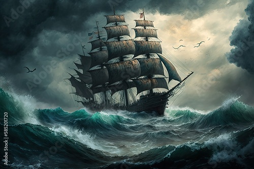 Old sail ship braving the waves of a wild stormy sea at night. Generative AI.