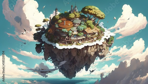 an abandoned island in the sky  beautiful and fairytale inspired  anime manga artwork  generative ai technology