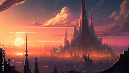 a beautiful impressive scifi city in space, sunset scene, anime manga artwork, generative ai technology © Sternfahrer