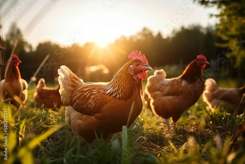 Bio Bauernhof mit Hühner auf einem Feld. Beim Sonnenaufgang mit Dunst / Nebel. Warme Beleuchtung, Generate Ai