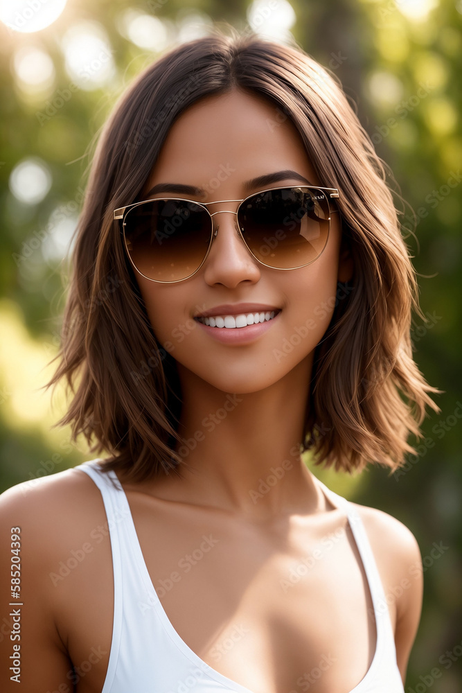 Portrait of a beautiful woman in sunglasses in nature, Generative AI Portrait of a beautiful woman in sunglasses in nature, Generative AI