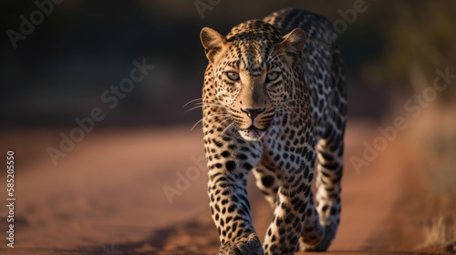 a beautiful leopard walks towards the camera, in the sunset. wildlife africa. Generative AI © jr-art