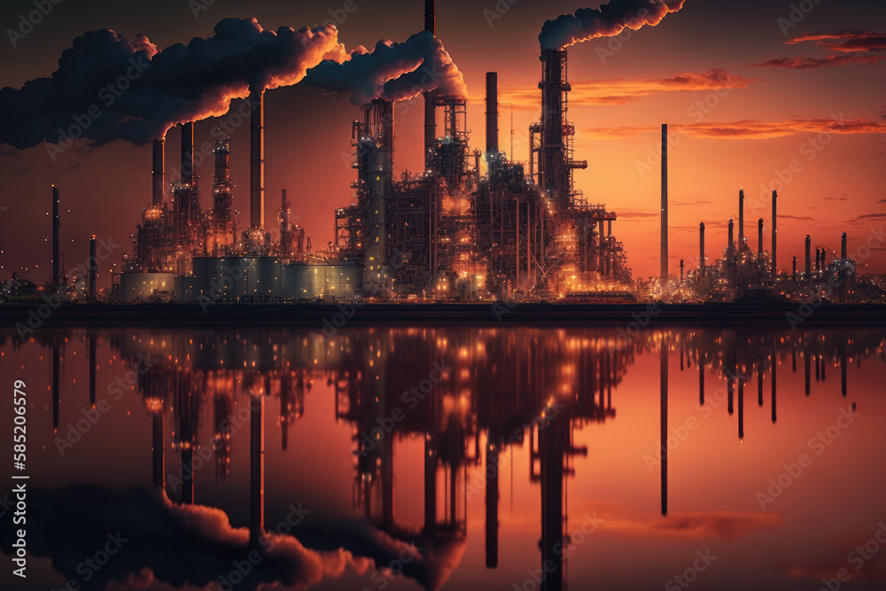 a modern industrial plant in the sunset. Generative AI