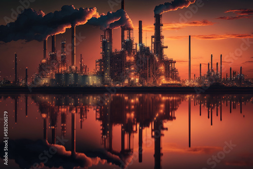 a modern industrial plant in the sunset. Generative AI
