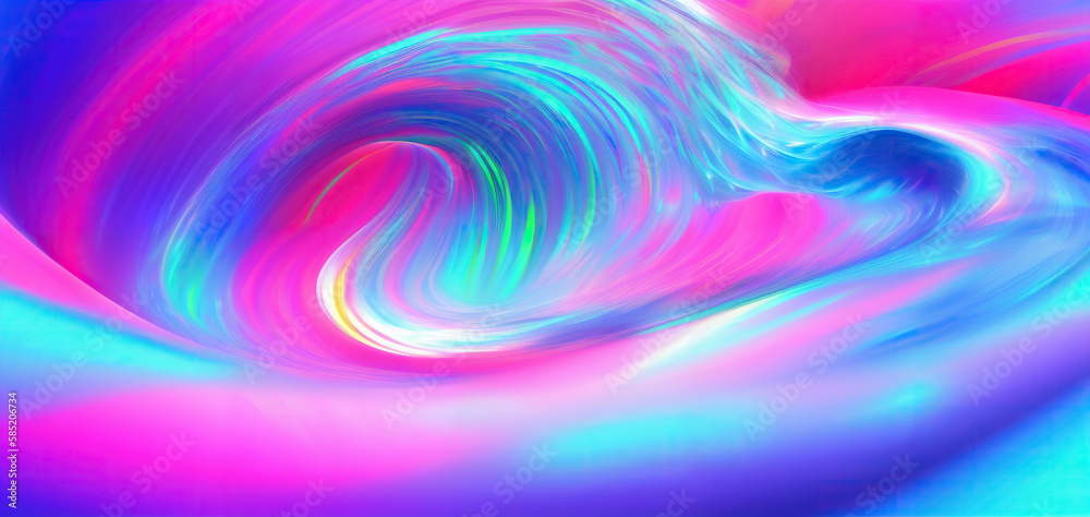 Obraz premium A neon, iridescent, fluid wave in motion on a colorful, curved background - 3D render Generative AI