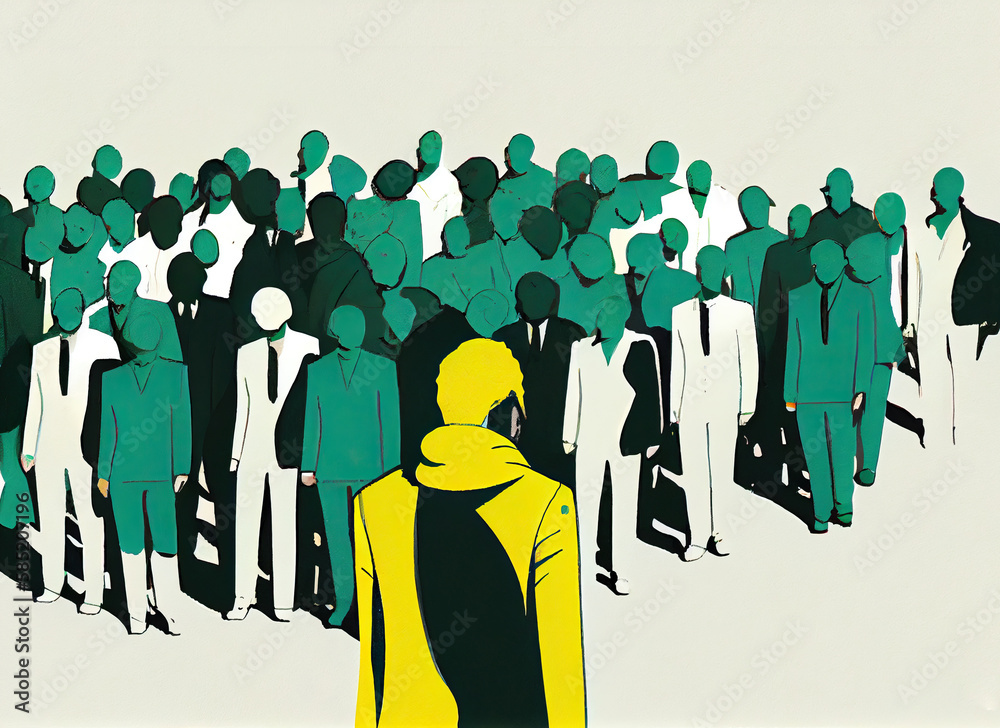 One person confronts a crowd of people. Generative AI