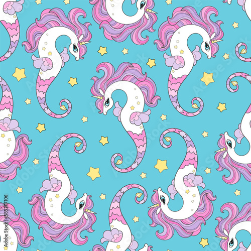 Seamless pattern with sea skates, unicorns. Marine theme. For the design of fabric, wallpaper, backgrounds, scrapbooking, etc. Vector
