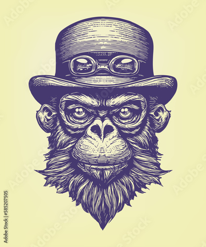 High detail decorated monkey head with hat and goggles. Woodcut engraving style hand drawn vector illustration on dark background. Optimized vector. 