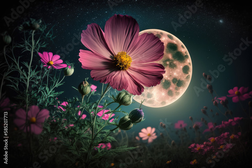 cherry blossoms at night with a big bright full moon. Generative AI © jr-art