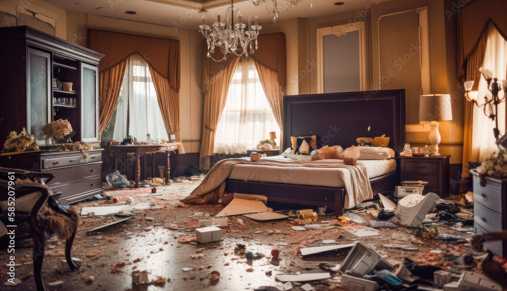 A trashed and messy hotel room after a night of crazy partying. Housekeeping needed to clean up the mess (generative AI)