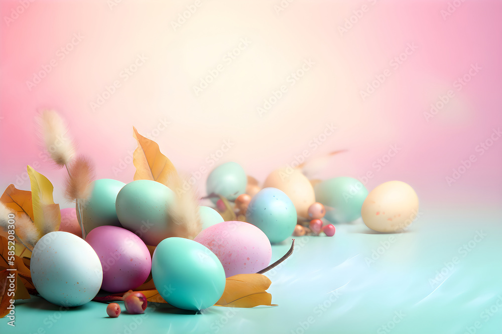 Easter colored eggs in pastel colors on a pink background, Generative AI