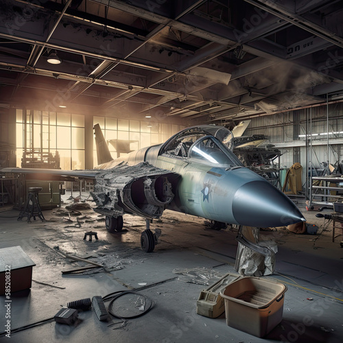 Illustration of a Weapon Factory . The Making of Air Fighters. From Construction to Deployment. Generative AI.