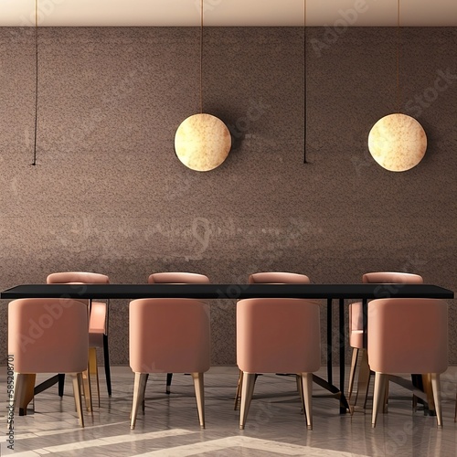 "Elevate Your Space with Modern Marble Dining Room Interior Design - 3D Rendered Image of Chic Cafe, Bar, or Restaurant Style Decor with Round Table and Chairs on Beige Wall Background."