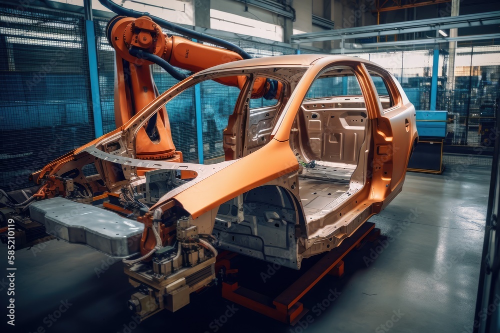 Mechanized industry robot arm for assembly in factory production line. Vehicle manufacturing. Robotized automated manufacturing process, generative ai
