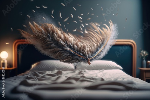 Bed with flying feathers. Creative design concept. Ai generation